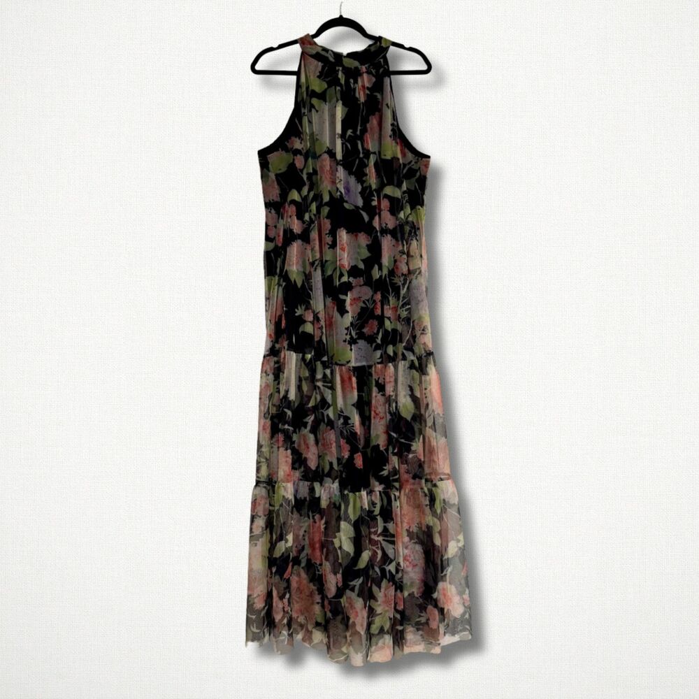 SHEIN Curve 3XL Floral Maxi Dress Black Halter Tiered Mesh Sleeveless